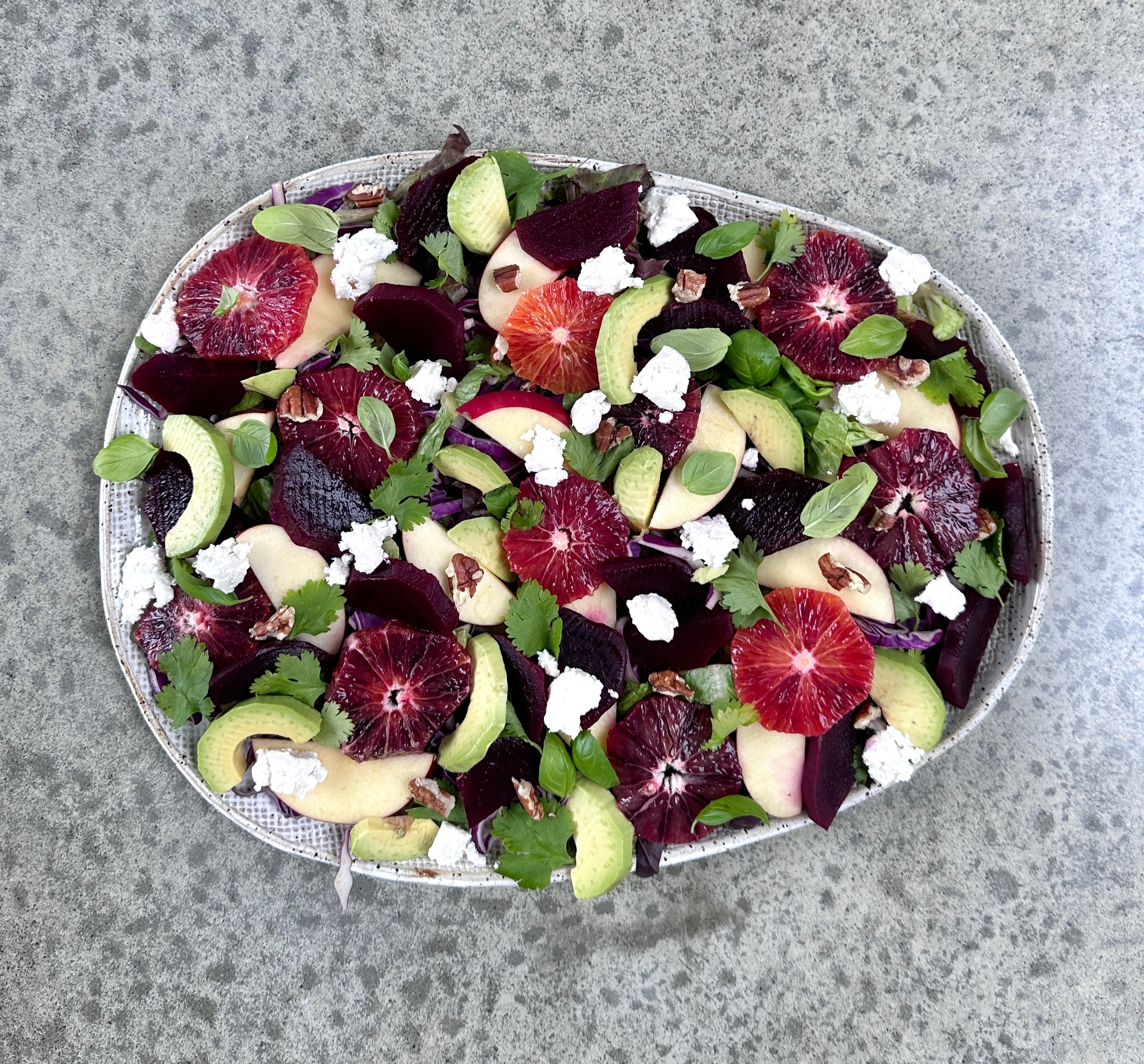 Autumnal Beetroot Salad. Beetroot, avocado, apple, blood orange and goat's feta